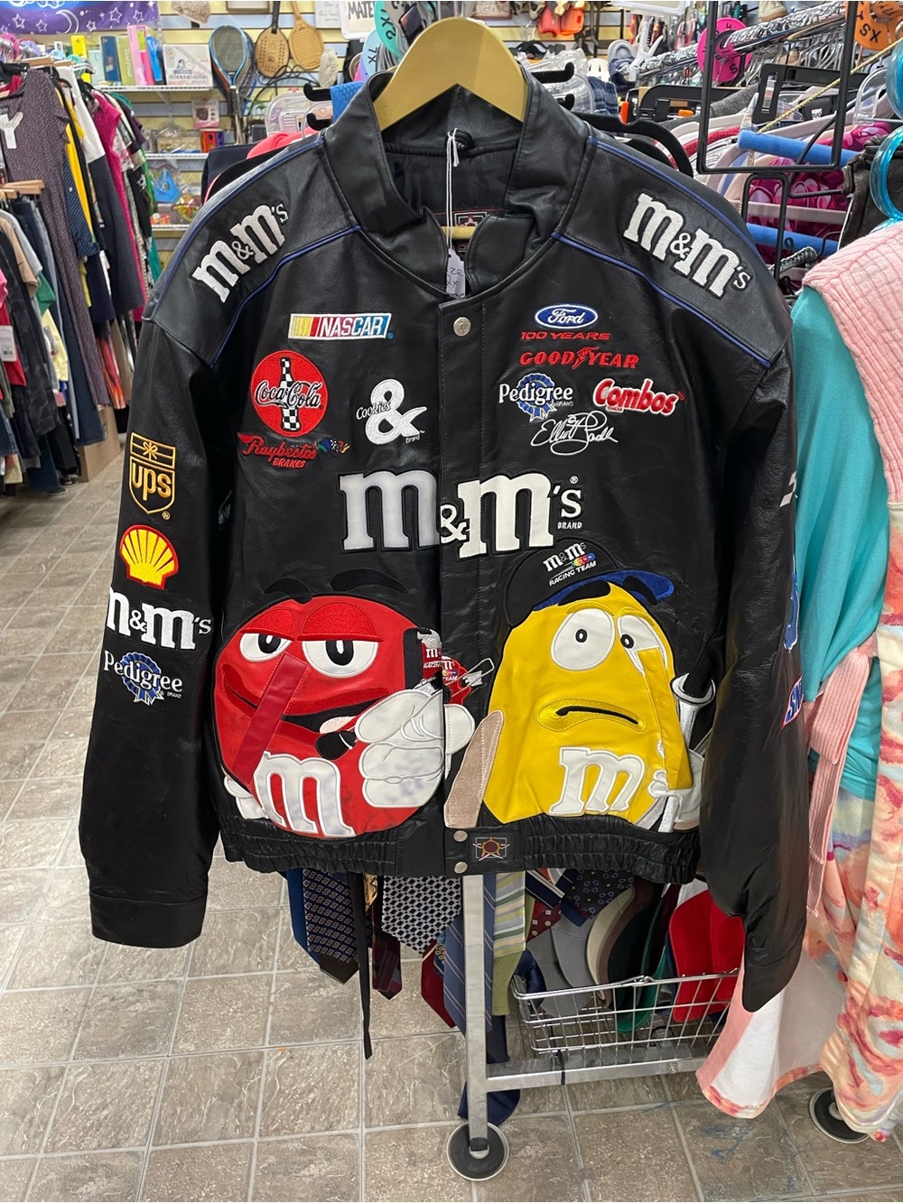 Vintage M&M's Black Leather Racing Patch Jacket with Red & Yellow Characters